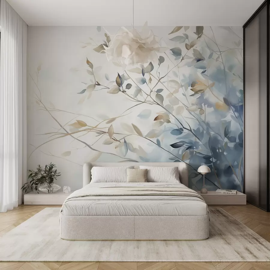 carta da parati Rami con foglie nei toni del blu e del marrone, sfondo chiaro, morbido e delicato, stile acquerello  nr. w08900