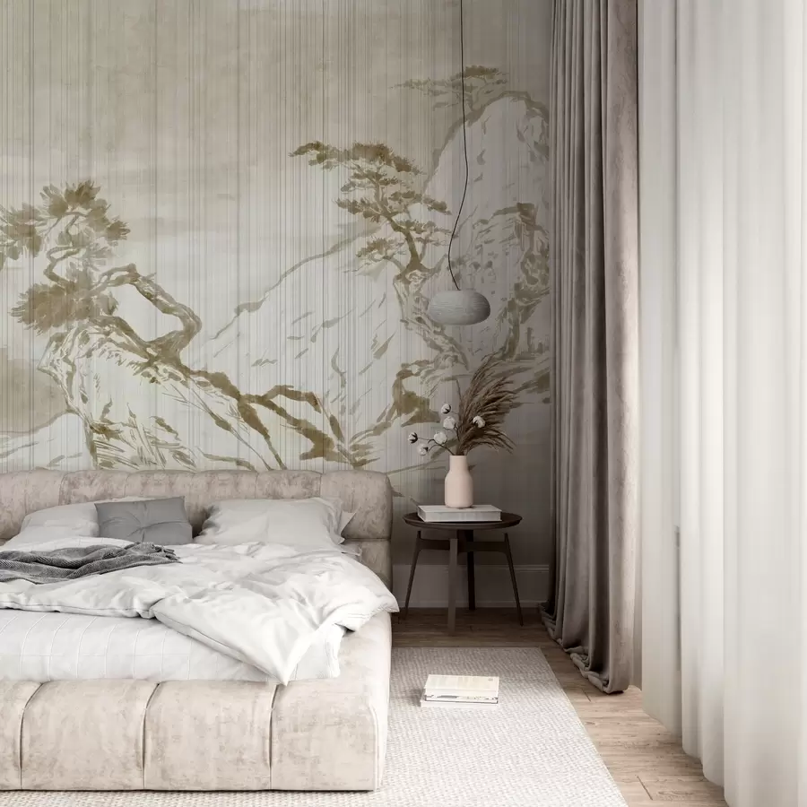 Carta da parati nature Illustrazione di paesaggio tradizionale cinese monocromatico con montagne, alberi e nebbia 