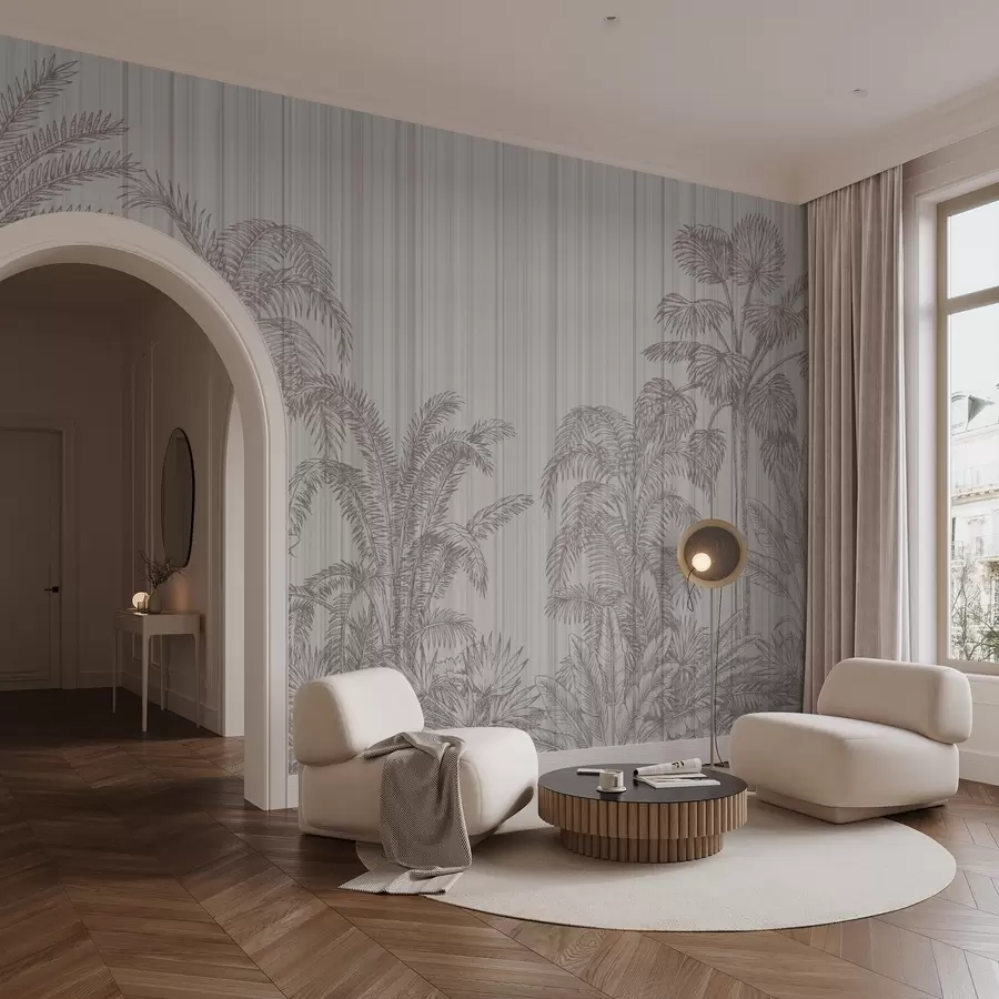 Carta da parati nature Illustrazione vintage di piante tropicali e palme su sfondo texturizzato 