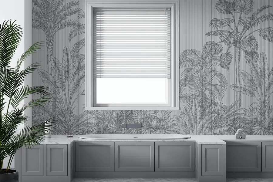 Carta da parati nature Illustrazione vintage di piante tropicali e palme su uno sfondo strutturato, sfondo grigio 