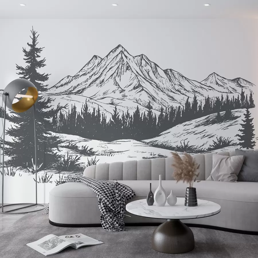 Carta da parati nature Paesaggio di montagna con alberi di pino, foresta, natura, colore grigio scuro 