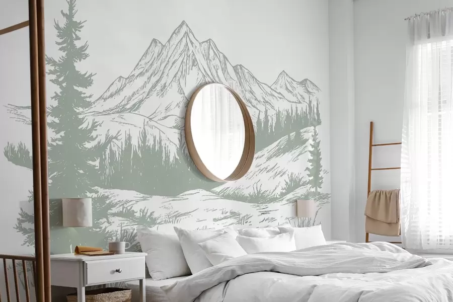 Carta da parati nature Montagne paesaggio con alberi di pino, foresta, natura, colore verde morbido 