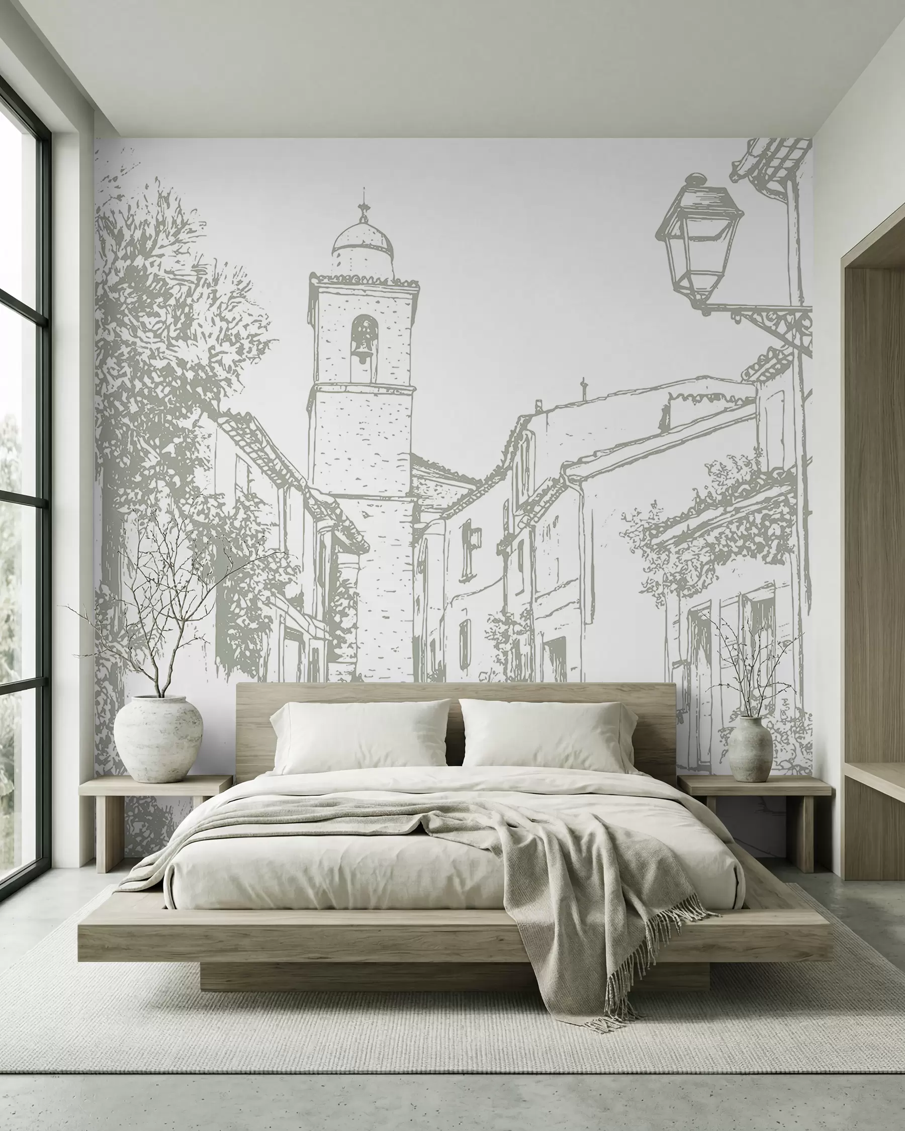 carta da parati Strada della città, bella architettura, edifici, Mediterraneo, disegno al tratto, colore oliva nr. w03345