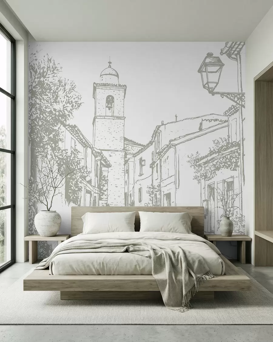 carta da parati Strada della città, bella architettura, edifici, Mediterraneo, disegno al tratto, colore oliva nr. w03345