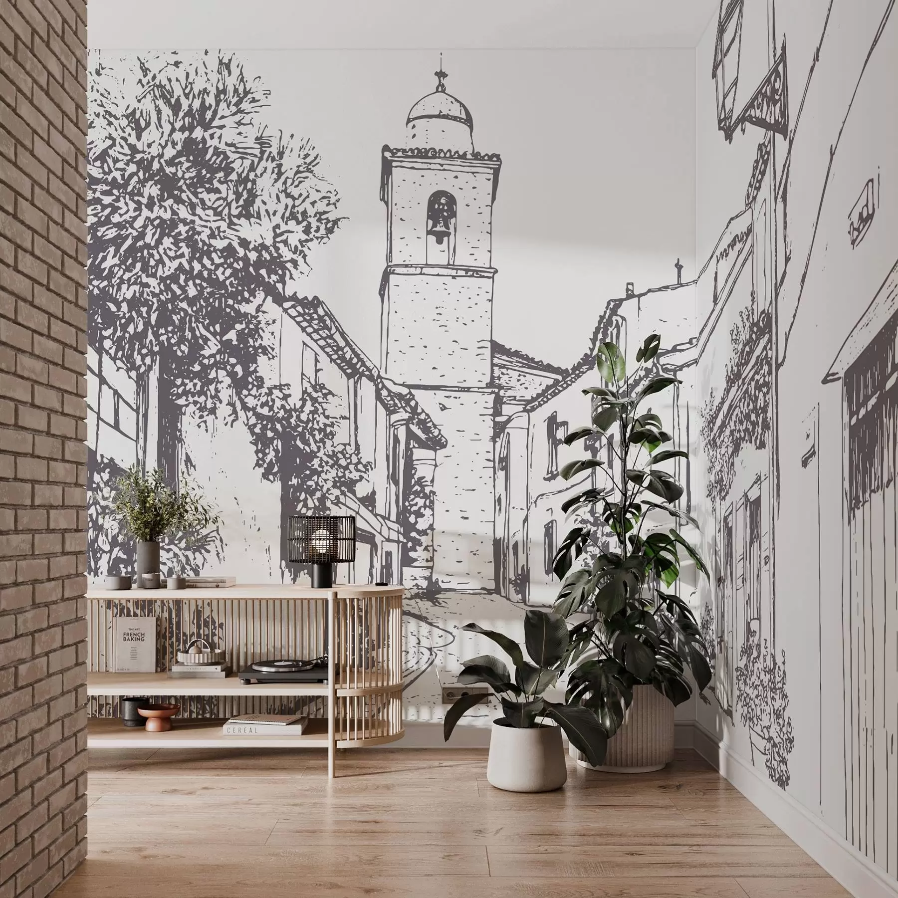 carta da parati Strada della città, bella architettura, edifici, Mediterraneo, disegno al tratto, colore beige nr. w03345v1