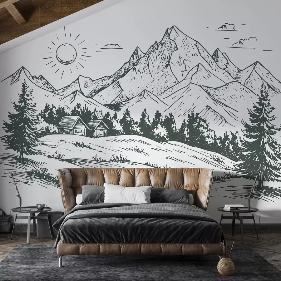 Carta da parati nature Disegno di montagne, paesaggi naturali, foresta, case di legno, colore verde 