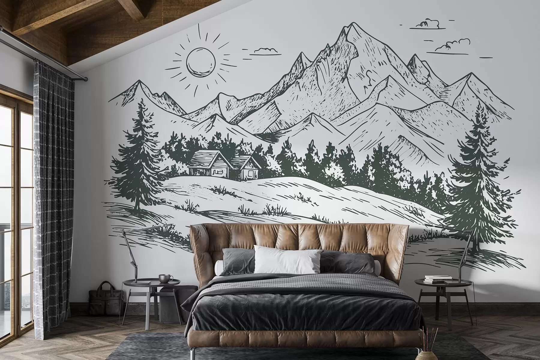 Carta da parati nature Disegno di montagne, paesaggi naturali, foresta, case di legno, colore verde 