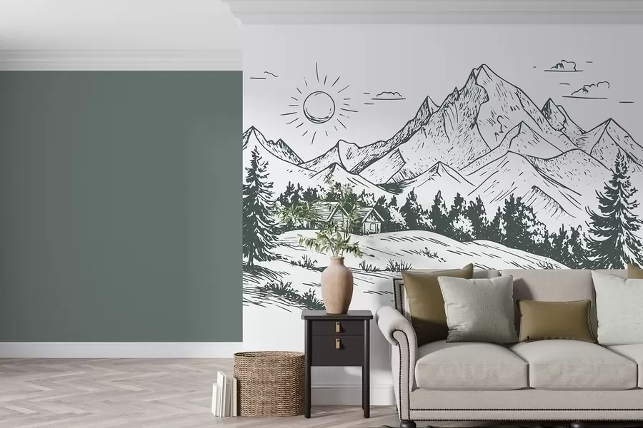 Carta da parati nature Disegno di montagne, paesaggi naturali, foresta, case di legno, colore verde 