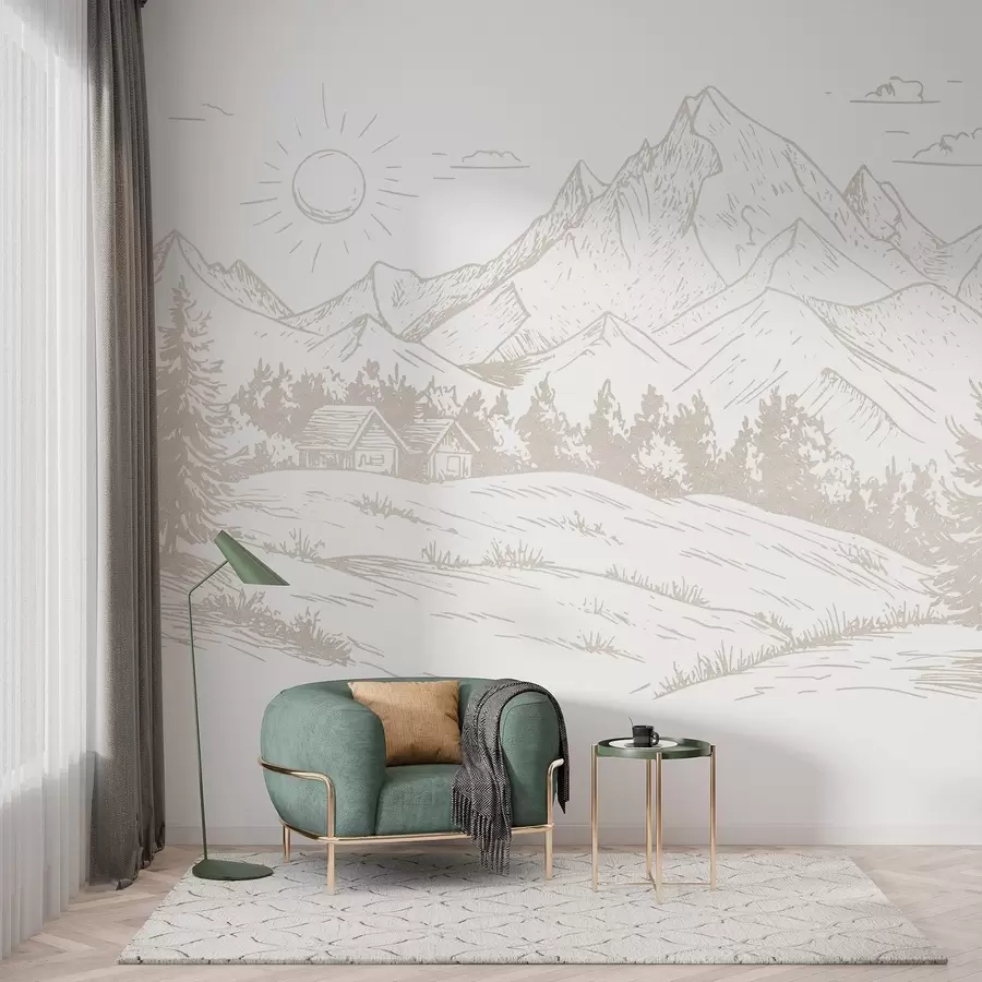 Carta da parati nature Disegno di montagne, paesaggi naturali, foresta, case di legno, colore beige 