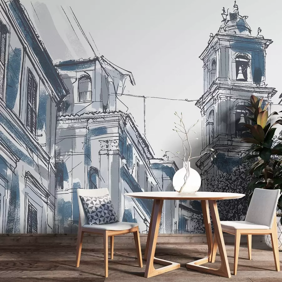 carta da parati Strada della città mediterranea, cappella, architettura, colori grigio e blu nr. w03350