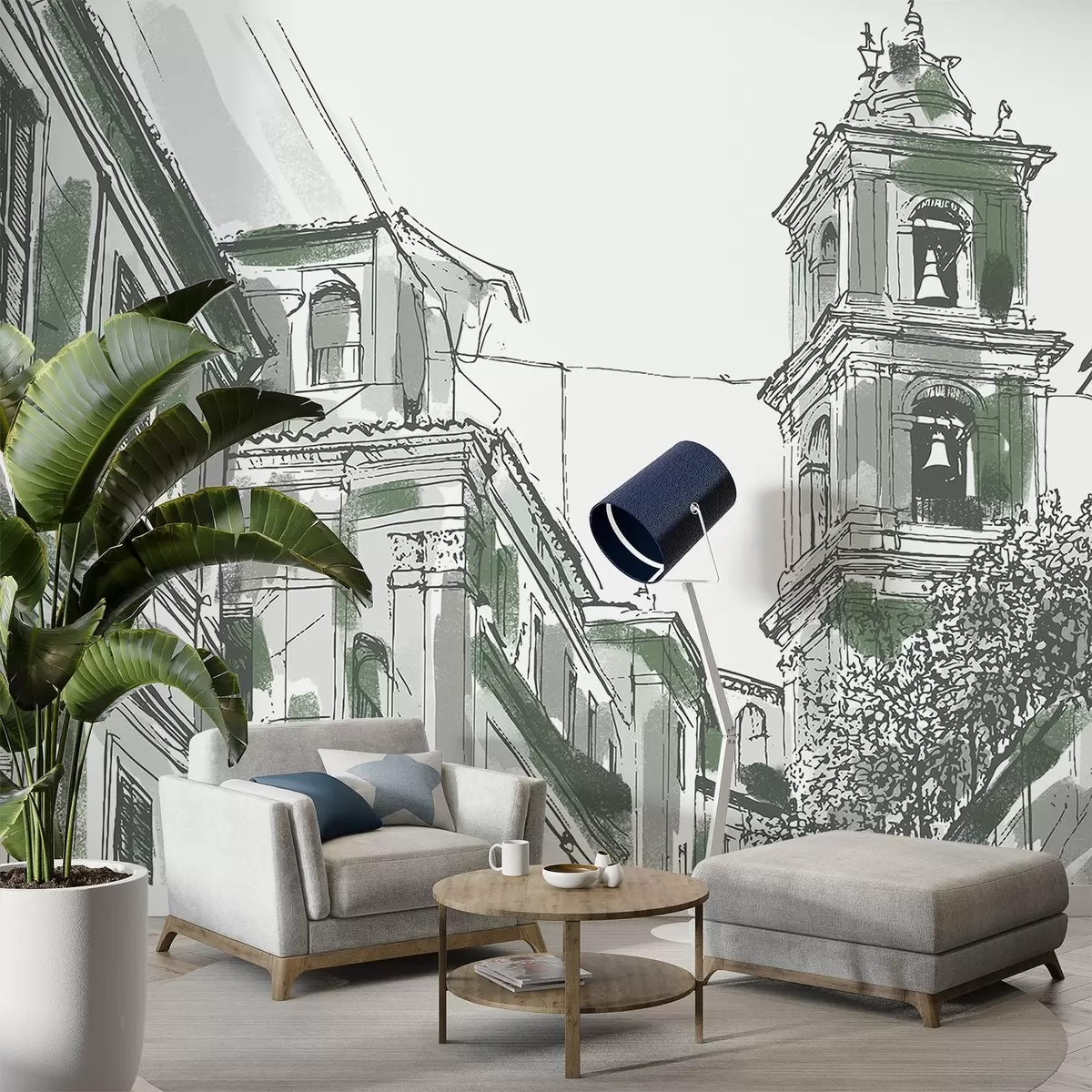 carta da parati Strada della città mediterranea, cappella, architettura, colori grigio e verde nr. w03350v2