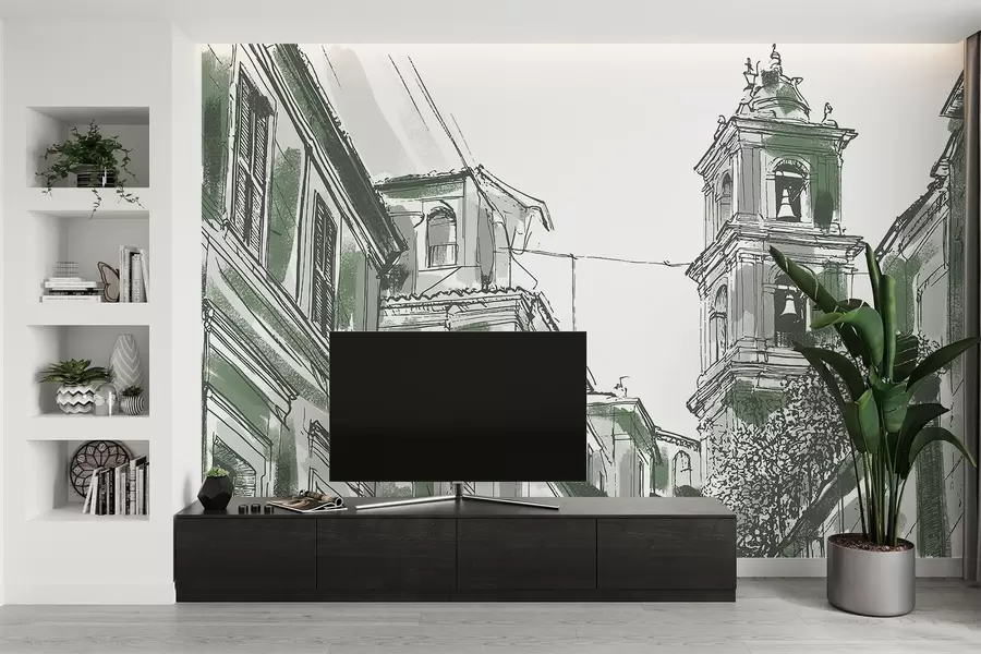 Carta da parati con la vista di città Strada della città mediterranea, cappella, architettura, colori grigio e verde 