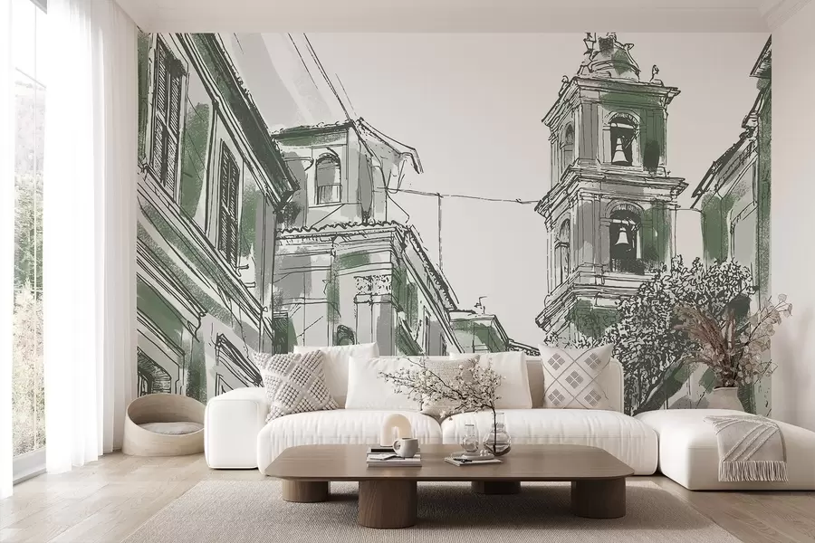 Carta da parati con la vista di città Strada della città mediterranea, cappella, architettura, colori grigio e verde 