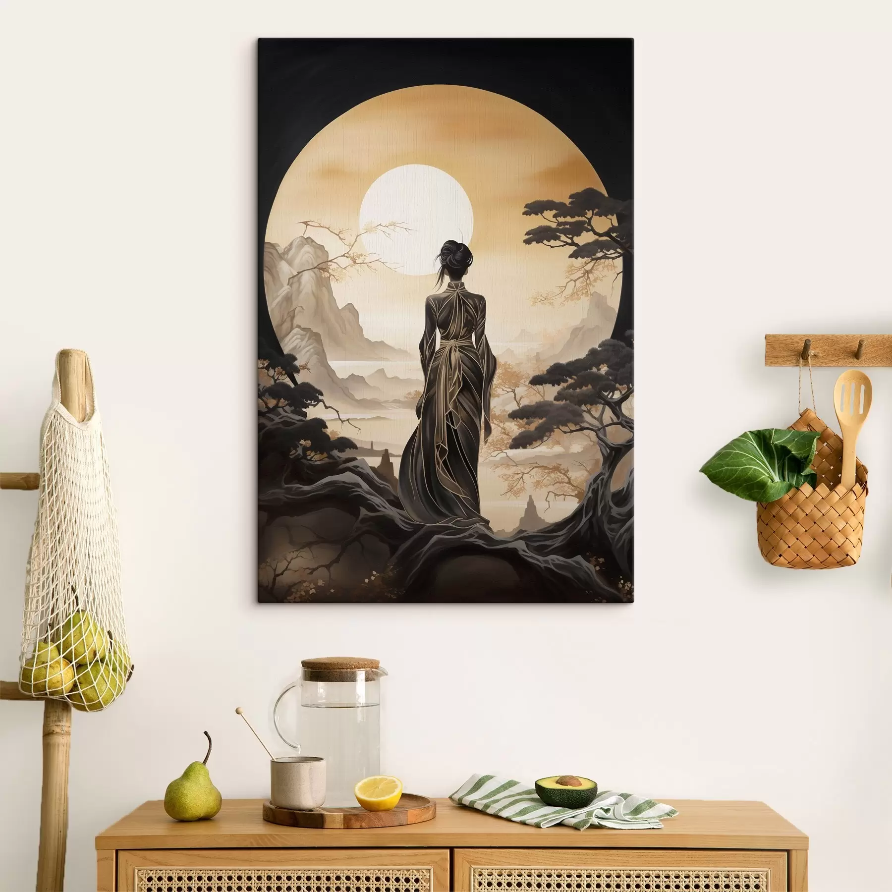 carta da parati Persone, Giappone, ragazza al tramonto sullo sfondo di sakura e montagne nr. s43256