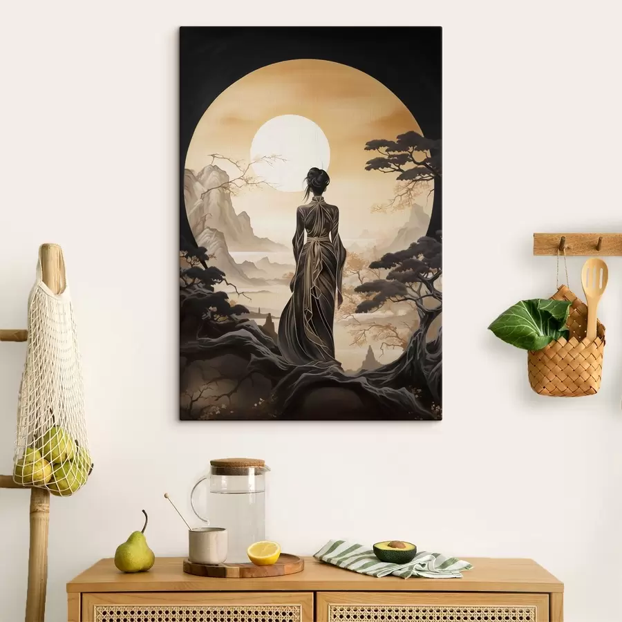 carta da parati Persone, Giappone, ragazza al tramonto sullo sfondo di sakura e montagne nr. s43256