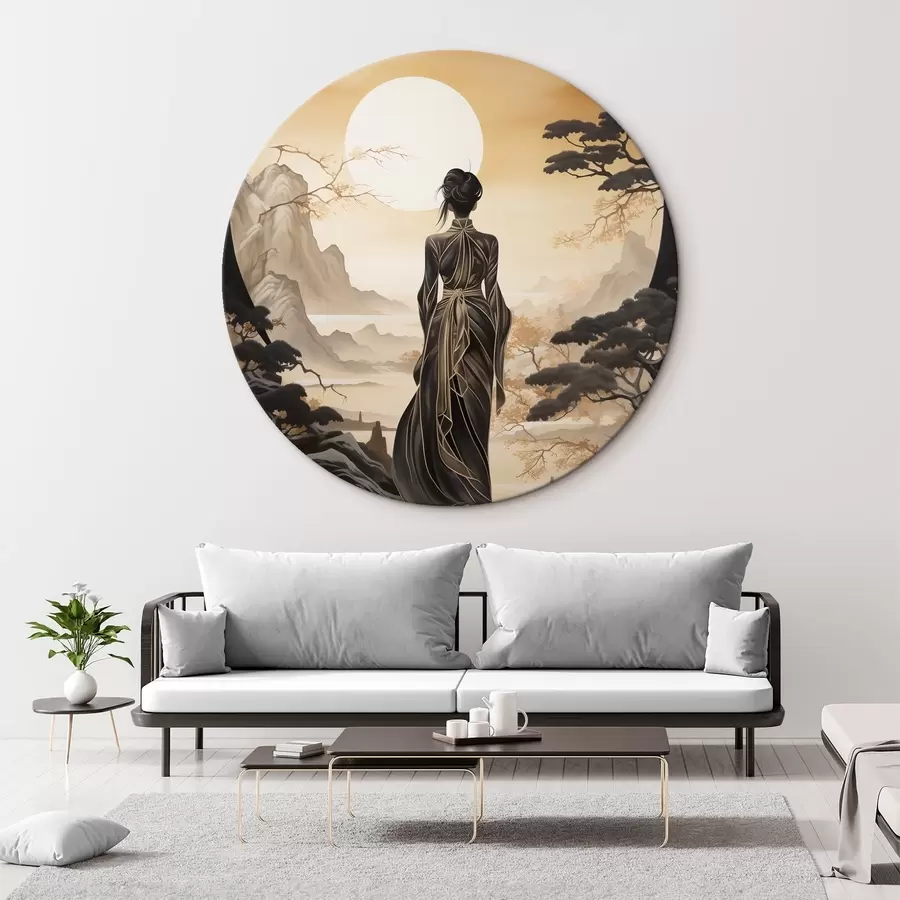 carta da parati Persone, Giappone, ragazza al tramonto sullo sfondo di sakura e montagne nr. r43256