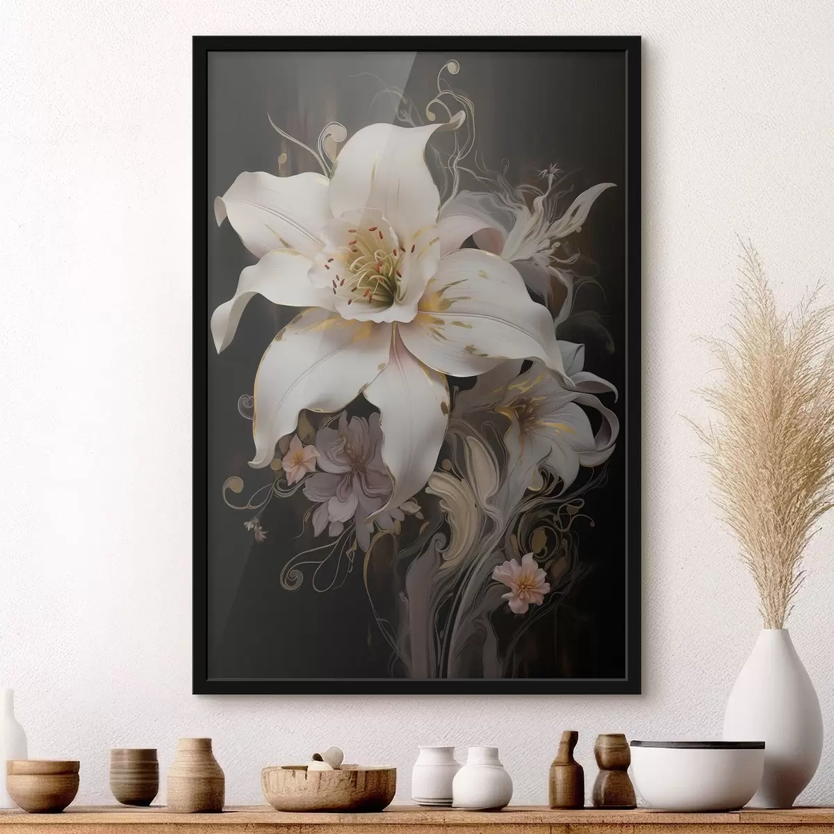 Poster Primo piano di un fiore di giglio astratto su sfondo scuro f43254