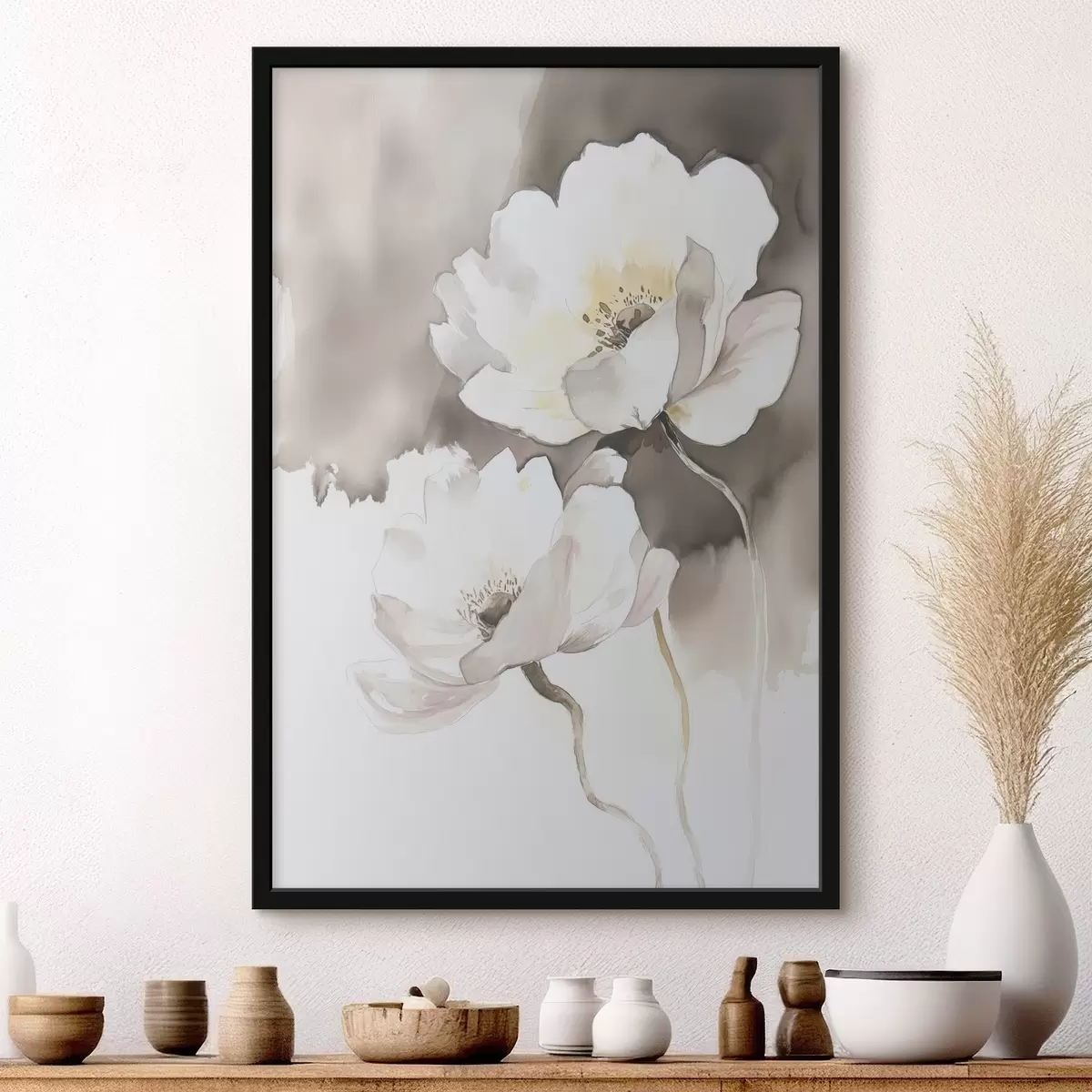 Poster Fiori bianchi su sfondo marrone nello stile della pittura ad acquerello f43297