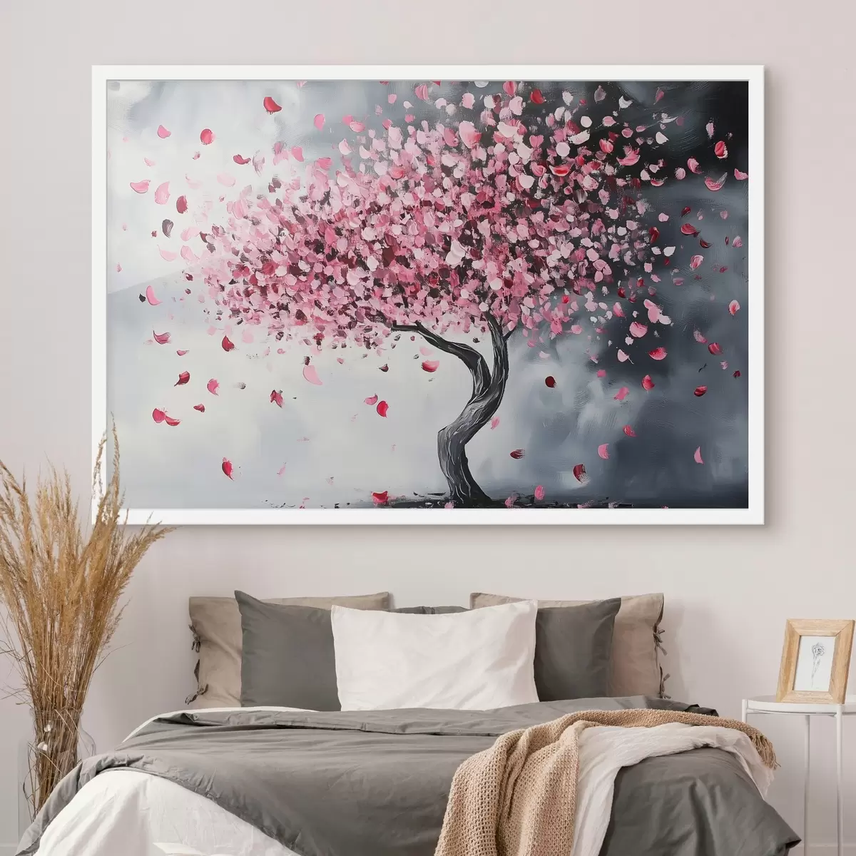 Poster Albero fiorito rosa su sfondo grigio f43299