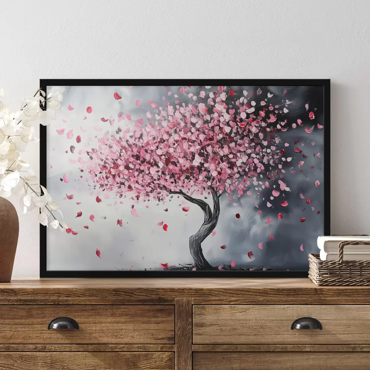 Poster Albero fiorito rosa su sfondo grigio f43299