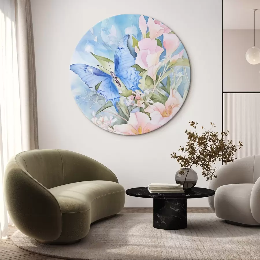 carta da parati Farfalla blu e fiori rosa nr. r43296