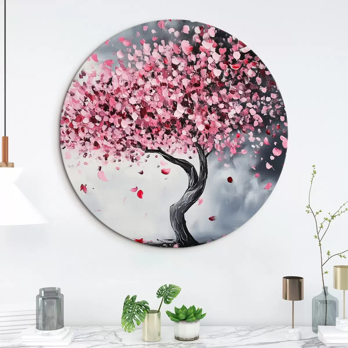 Quadri rotondi Albero fiorito rosa su sfondo grigio r43299