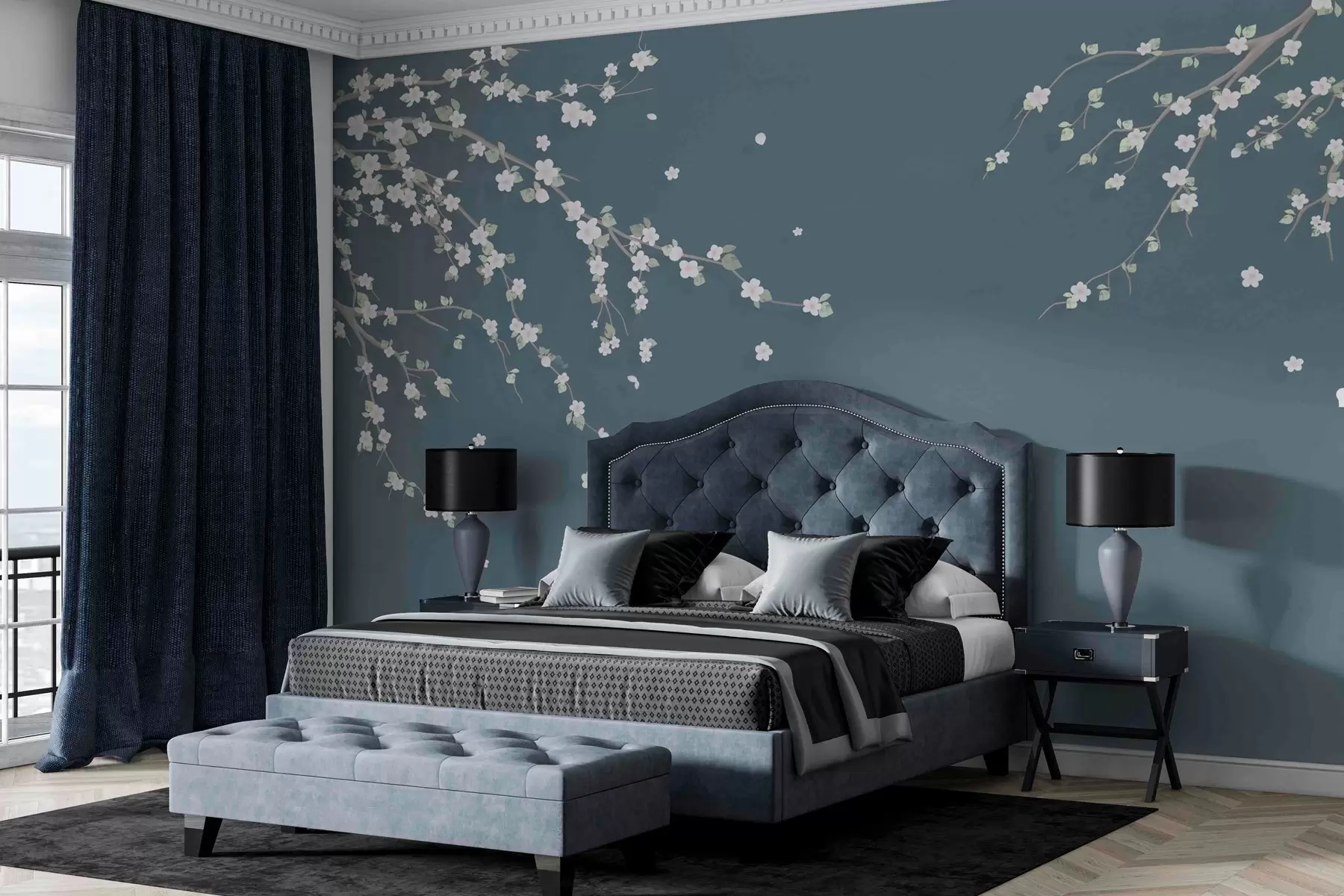 carta da parati Ramo in fiore sullo sfondo di un muro in stile grunge blu nr. w03393v1