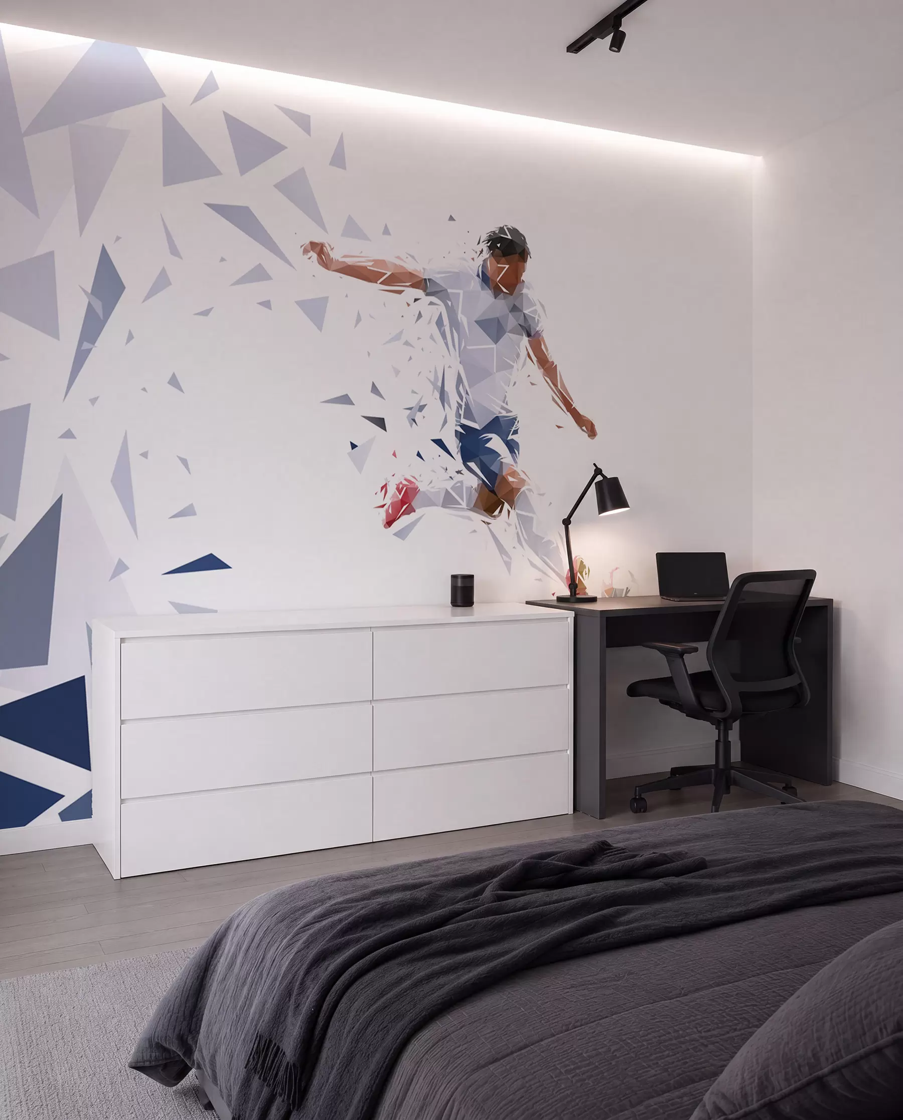 carta da parati Calciatore dinamico in stile low-poly che colpisce il pallone nr. w03289