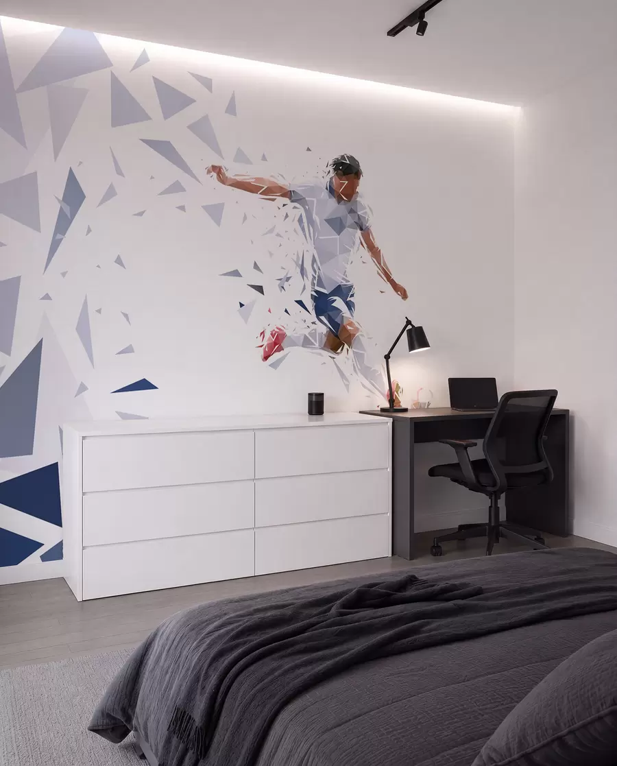 carta da parati Calciatore dinamico in stile low-poly che colpisce il pallone nr. w03289