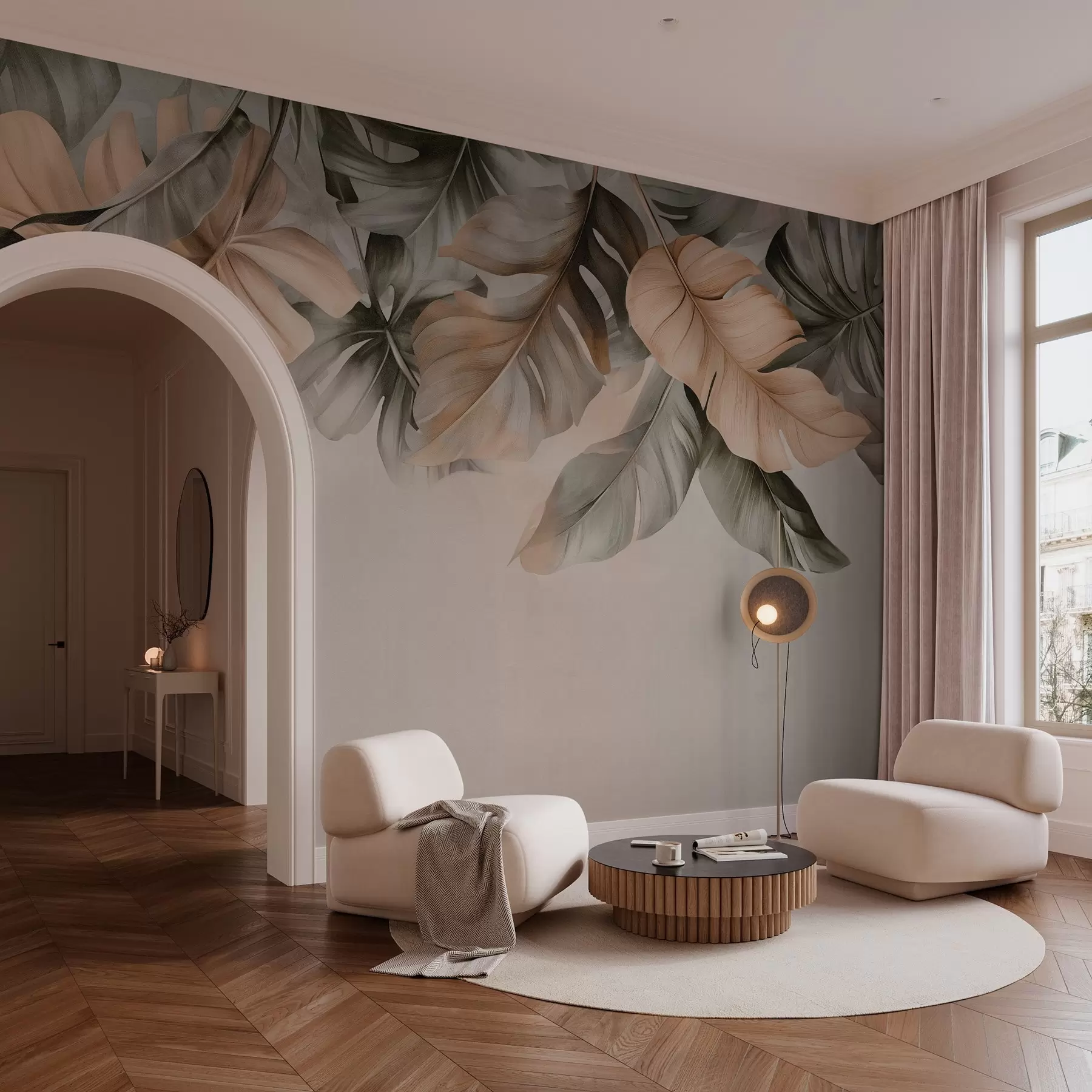 carta da parati Foglie tropicali che pendono dall'alto, su uno sfondo strutturato nr. w03290