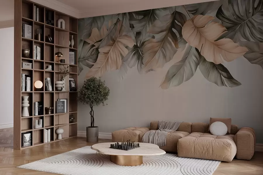 carta da parati Foglie tropicali che pendono dall'alto, su uno sfondo strutturato nr. w03290