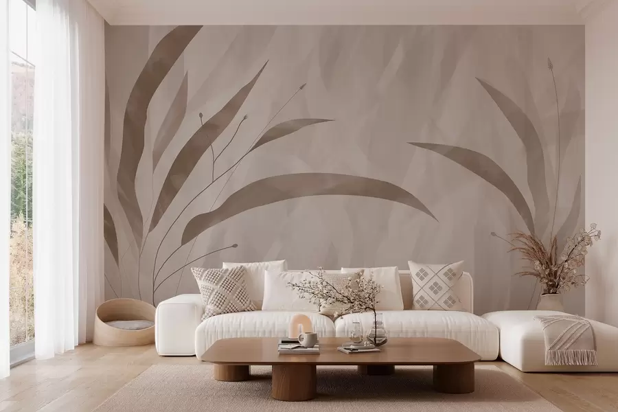 carta da parati Stile ecologico, piante su uno sfondo eterogeneo dai toni beige nr. w03394