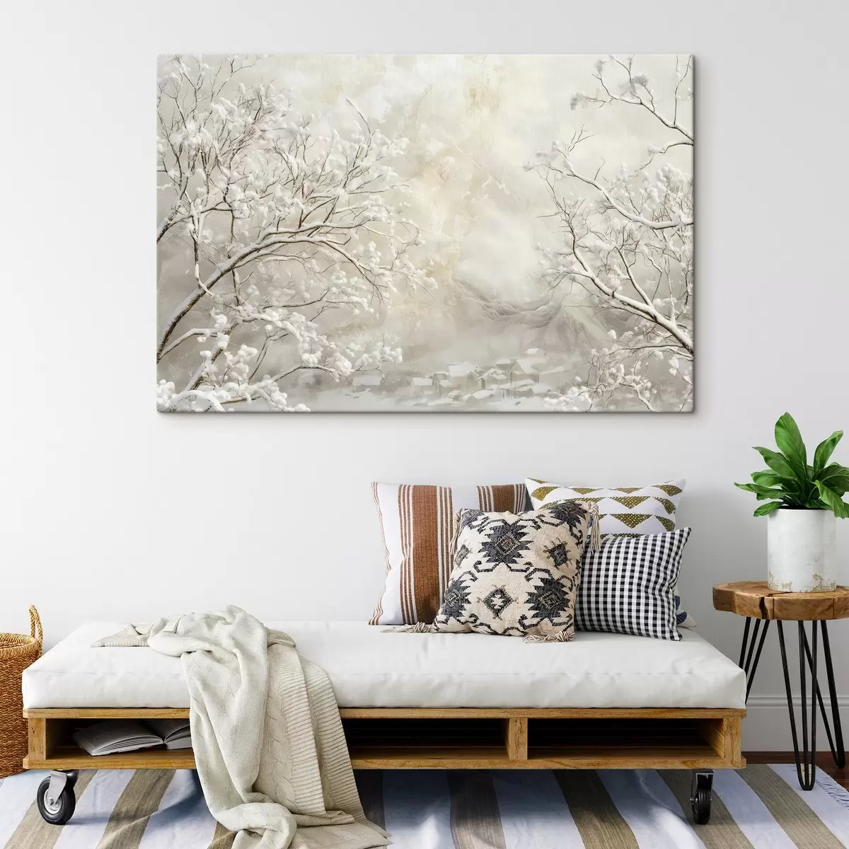 carta da parati Rami invernali con neve sullo sfondo di un villaggio invernale nr. s43321