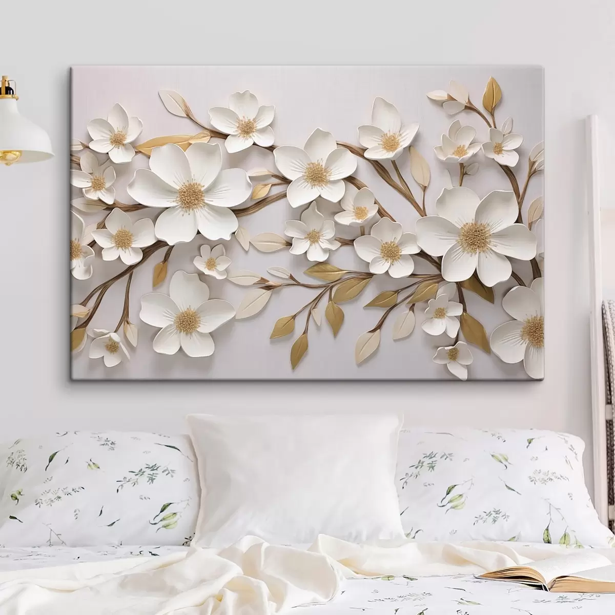 carta da parati Fiori bianchi nello stile di un affresco in rilievo con accenti gialli nr. s43331