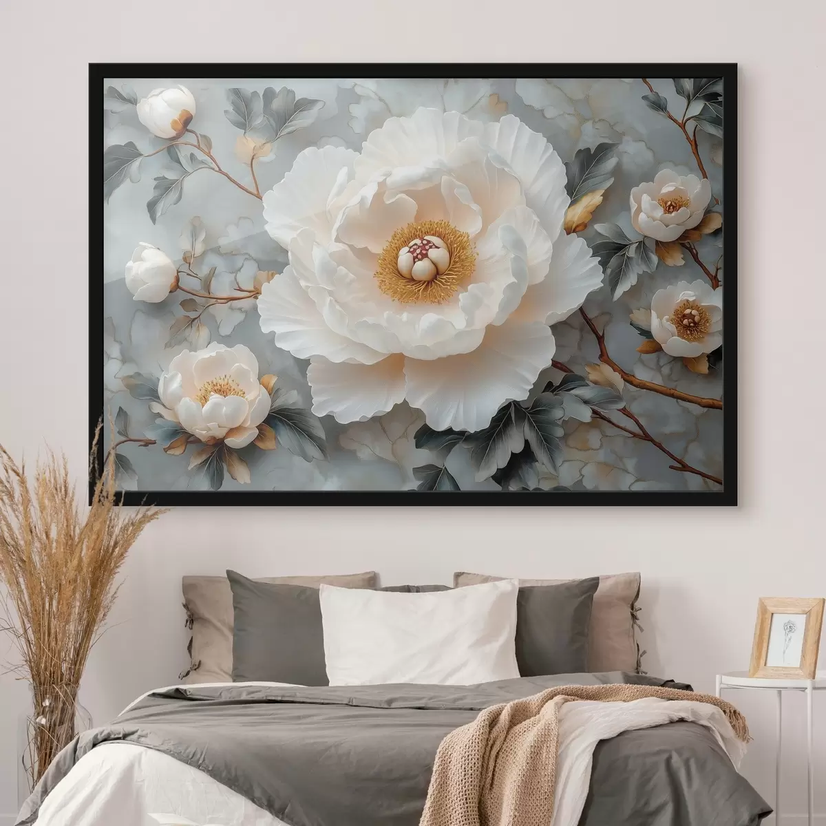 Poster Una splendida peonia su uno sfondo di foglie e piccole peonie f43315