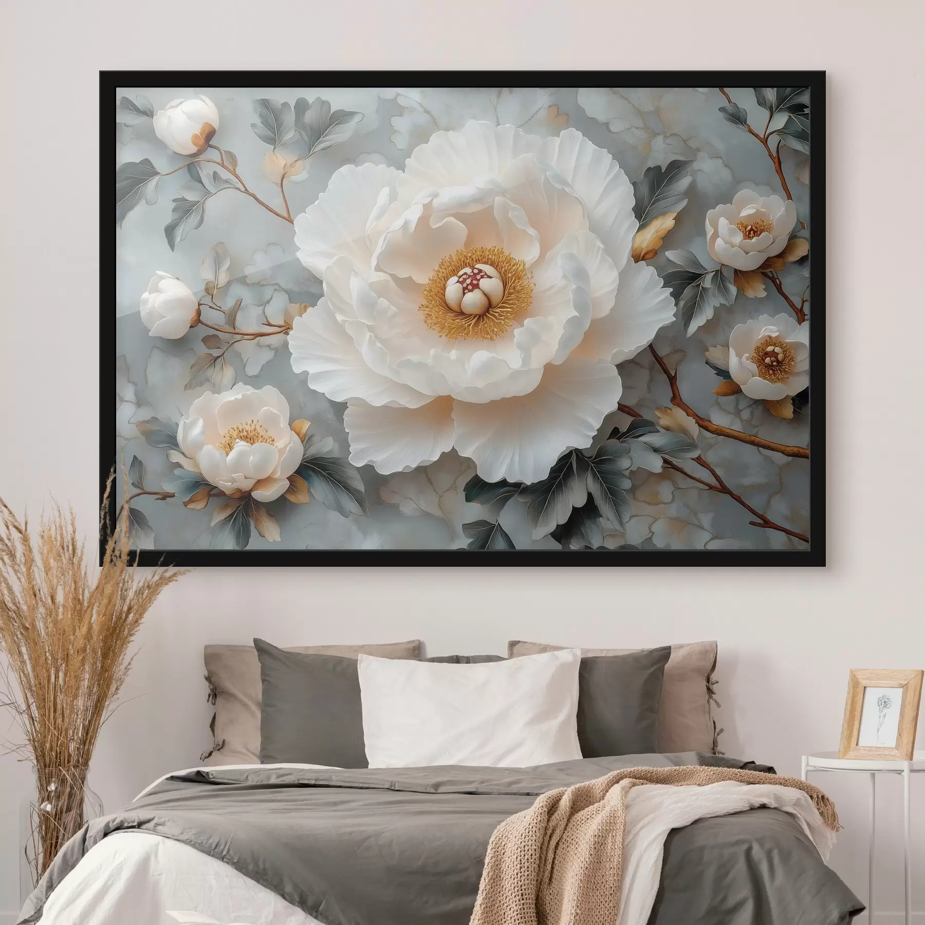 carta da parati Una splendida peonia su uno sfondo di foglie e piccole peonie nr. f43315