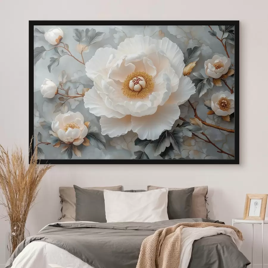 carta da parati Una splendida peonia su uno sfondo di foglie e piccole peonie nr. f43315