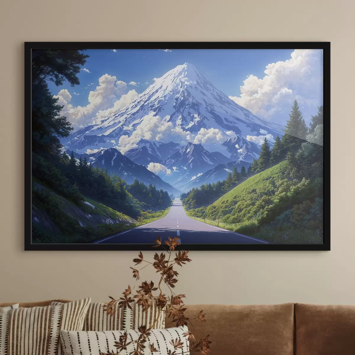 Poster Strada verso le montagne con nuvole e boschi tutt'intorno f43317