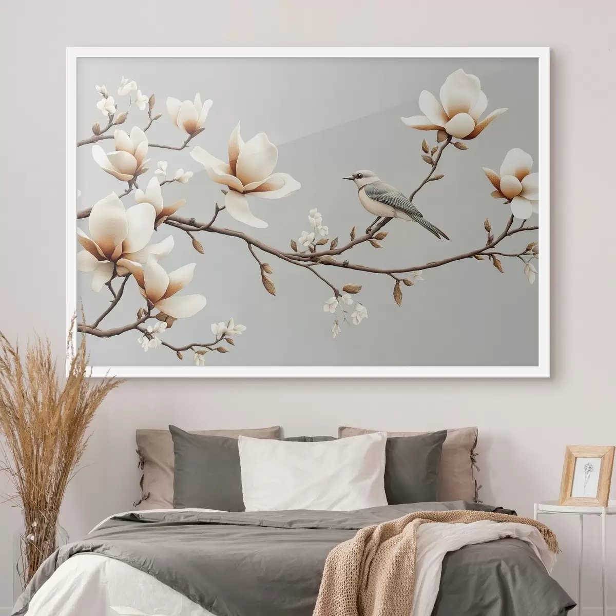 Poster Uccello su un ramo con magnolie in morbidi colori pastello f43320