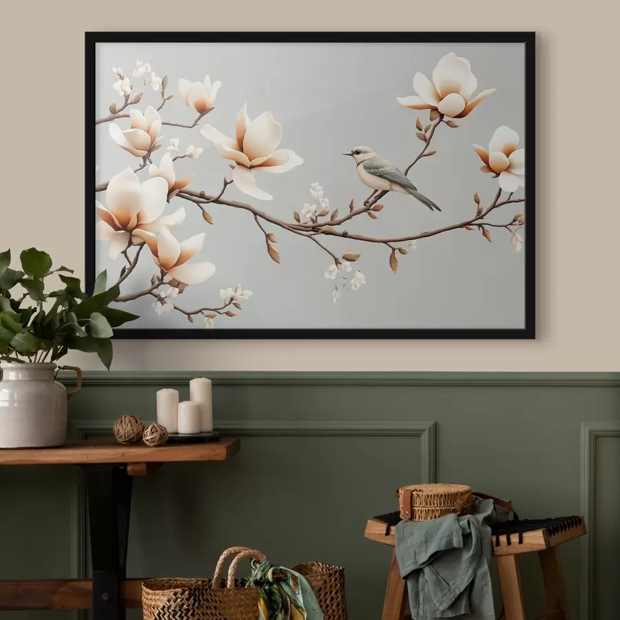 carta da parati Uccello su un ramo con magnolie in morbidi colori pastello nr. f43320