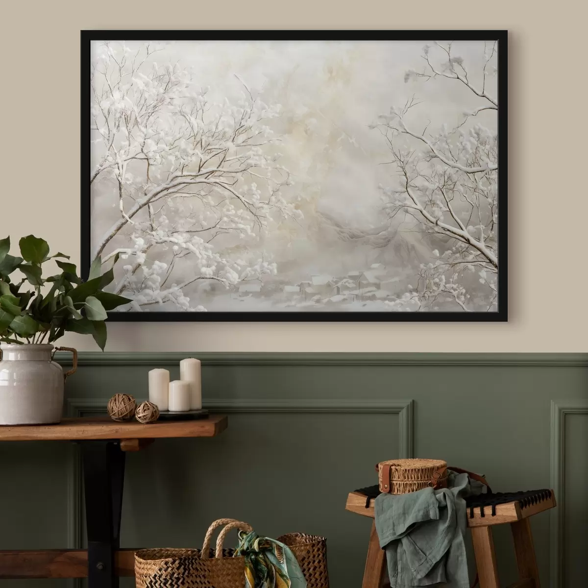 Poster Rami invernali con neve sullo sfondo di un villaggio invernale f43321