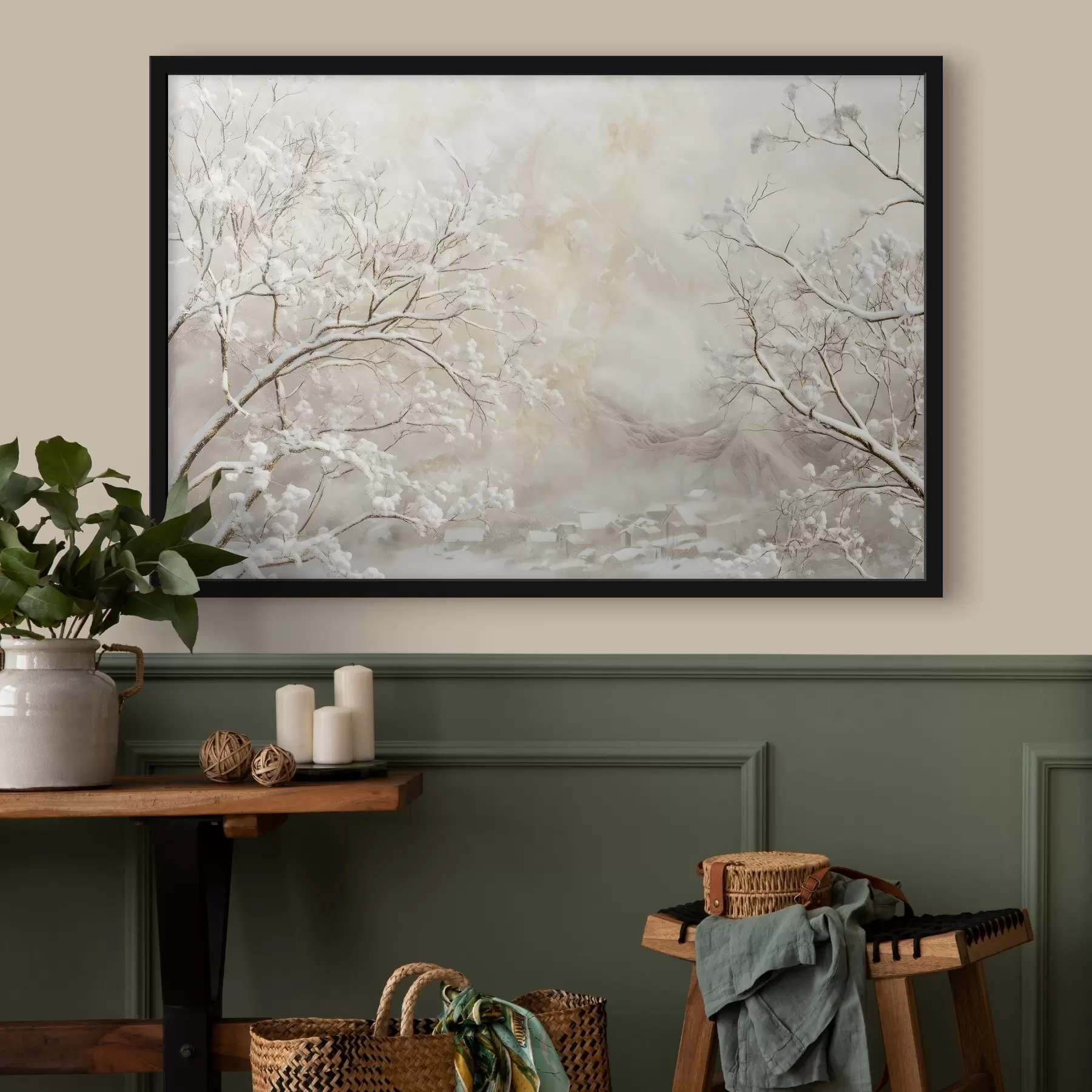 carta da parati Rami invernali con neve sullo sfondo di un villaggio invernale nr. f43321