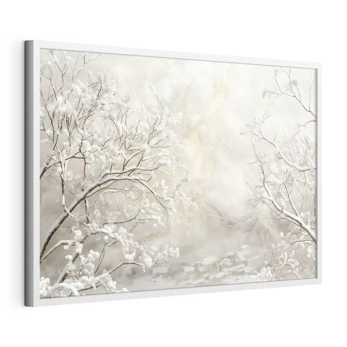 Poster Rami invernali con neve sullo sfondo di un villaggio invernale f43321