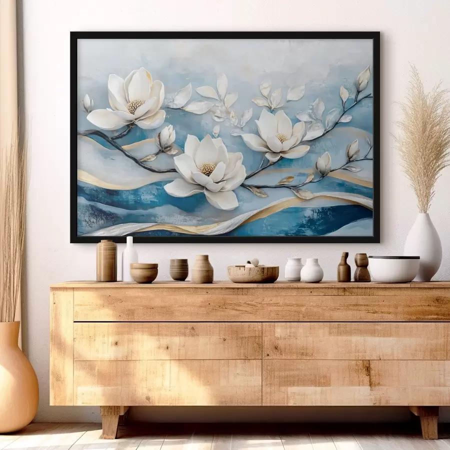 carta da parati Ramo di magnolia su sfondo astratto giallo-blu nr. f43323