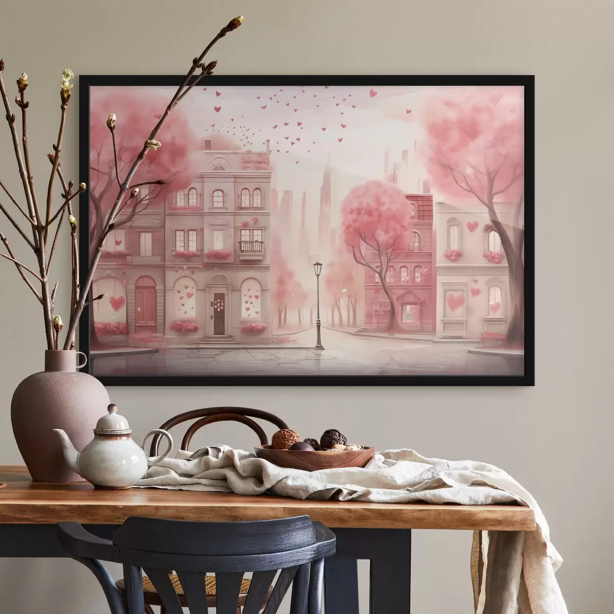 Poster Romantica strada rosa con cuori f43324