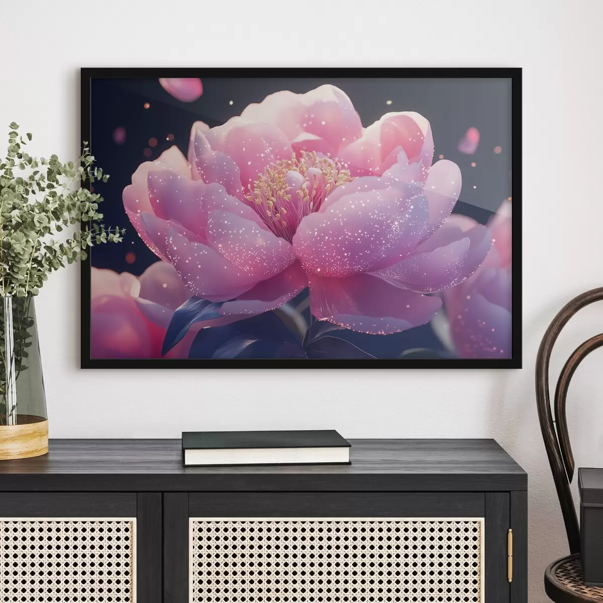 Poster Grande fiore rosa tenue con raggi di sole f43327