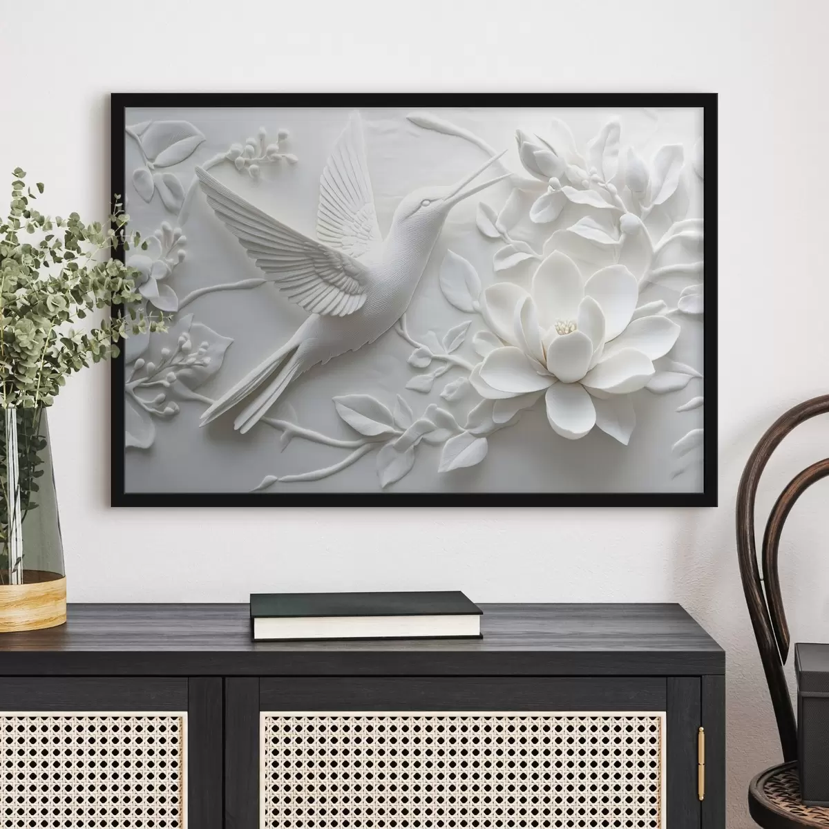 Poster Immagine 3d in bianco e nero di un uccello e dei fiori circostanti f43329