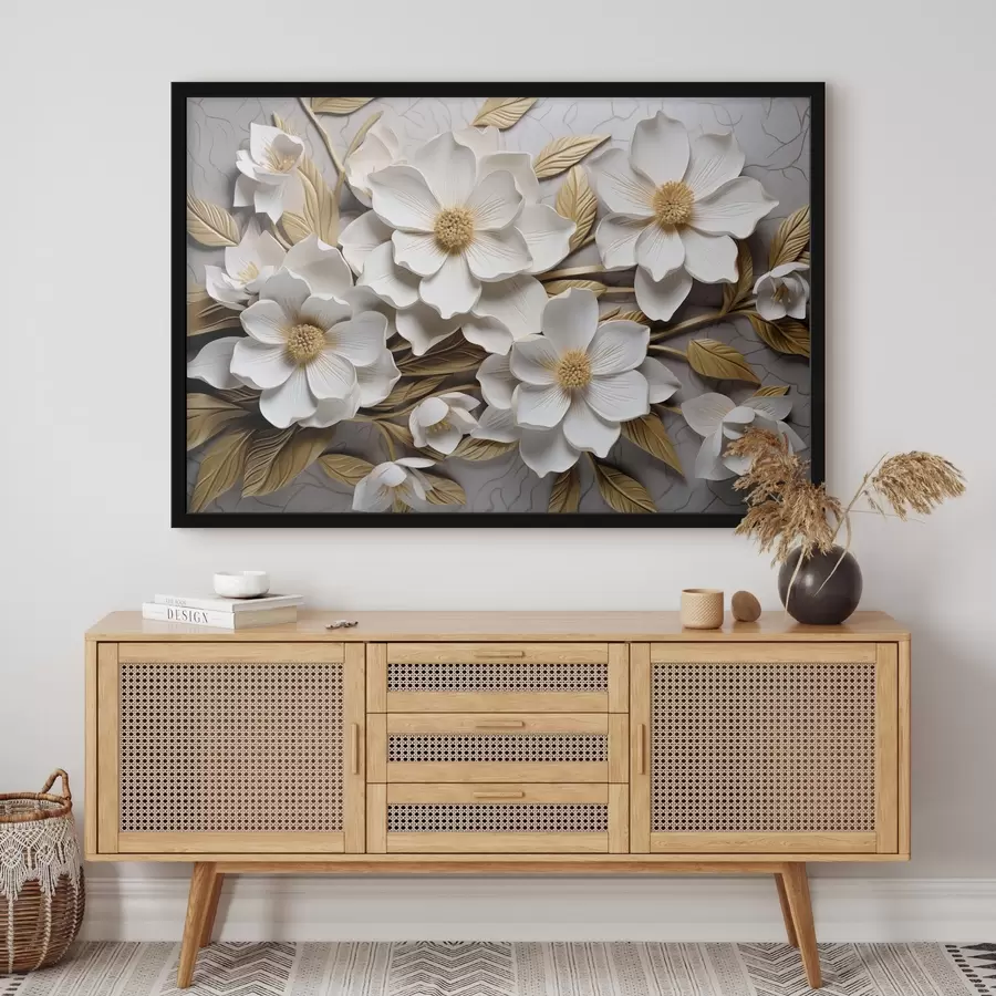 carta da parati Fiori bianchi in stile affresco a rilievo con foglie e stami gialli nr. f43330