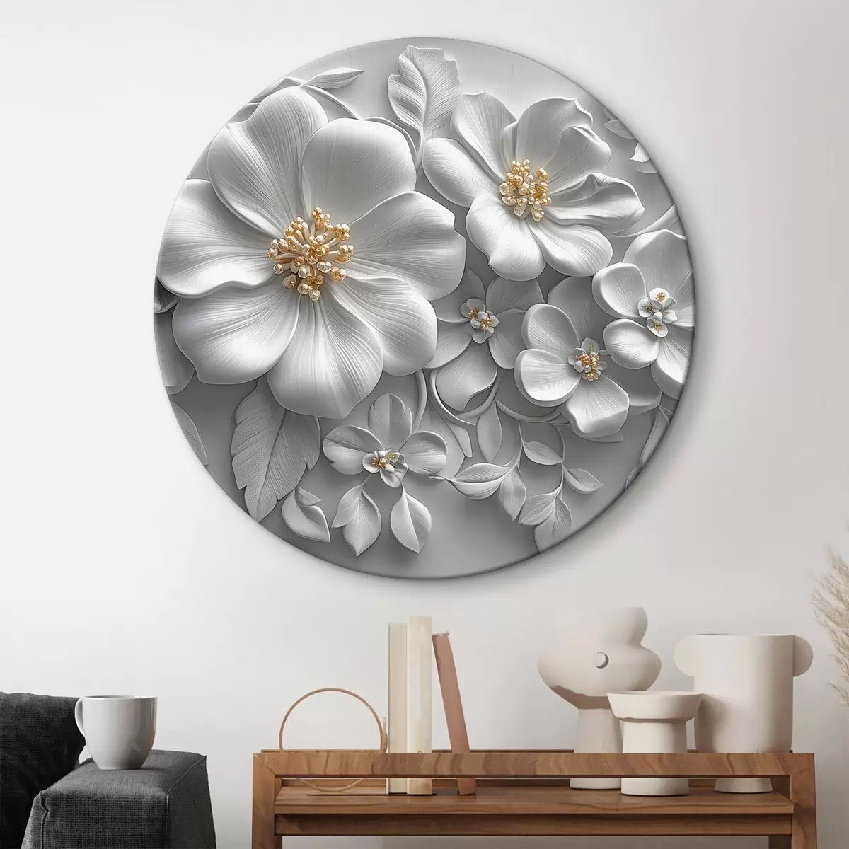 Quadri rotondi fiori 3d grigi con accento giallo r43310