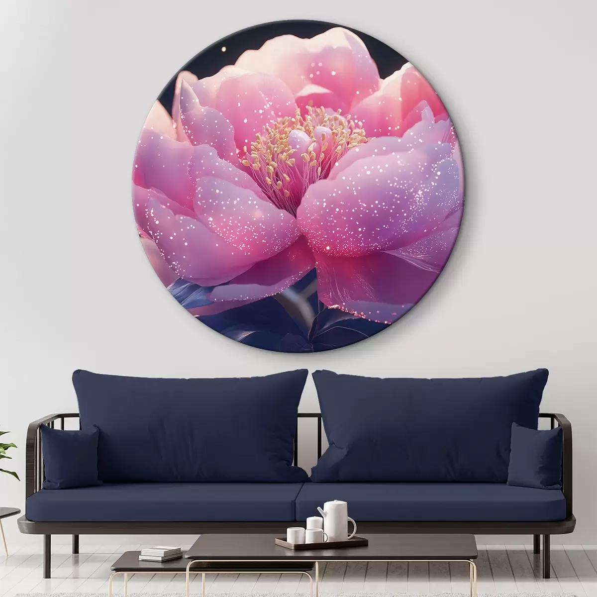 Quadri rotondi Grande fiore rosa tenue con raggi di sole r43327